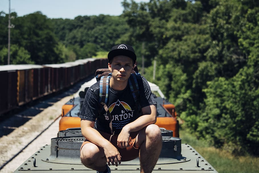 people, man, train, roof, nature, landscape, trees, green, grass HD wallpaper
