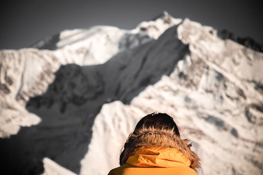 black and white fur textile, mountain, portrait, one person, mountain range HD wallpaper