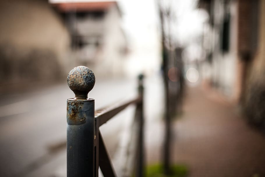 Selective Focus Photography of Black Metal Rail, road, rust, street HD wallpaper