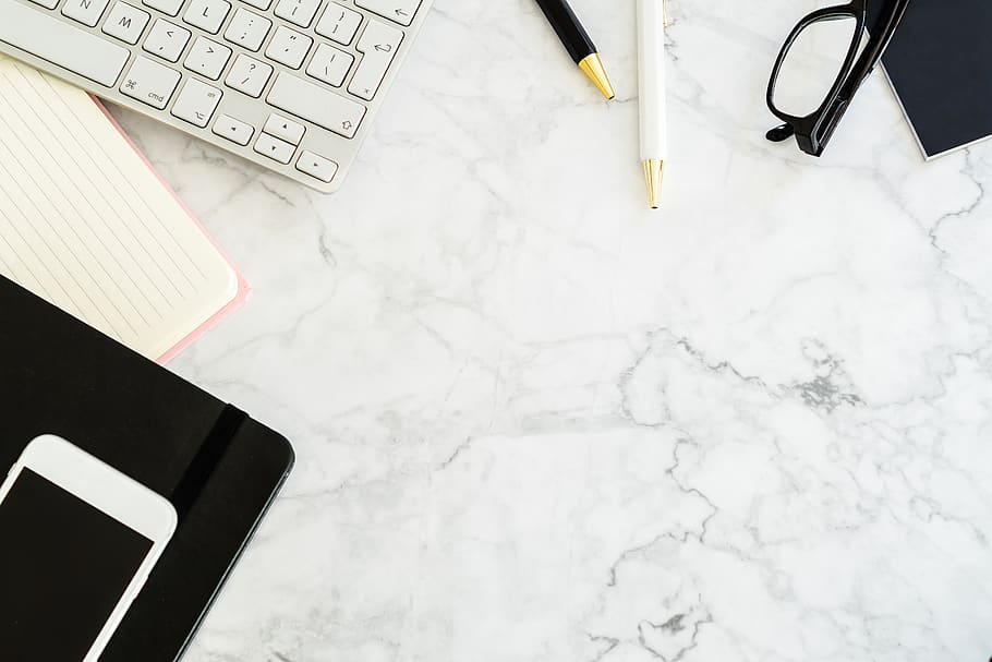 table, workplace, pen, keyboard, notebook, glasses, telephone HD wallpaper