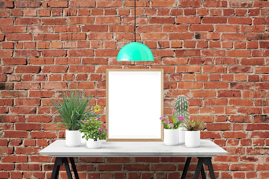 poster, frame, wall, desk, plants, brick, brick wall, built structure HD wallpaper