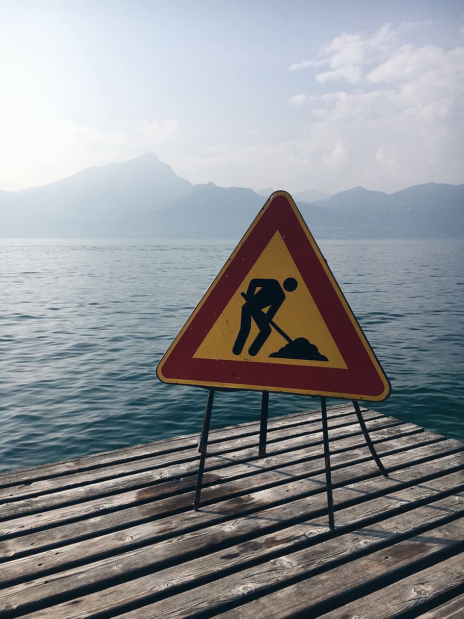 lake, pier, work in progress, nature, road sign, signpost, water HD wallpaper