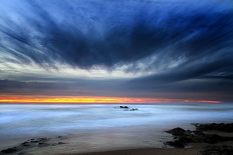 ocean, waves, sky, clouds, sun, sunset, longue exposition, sea HD wallpaper