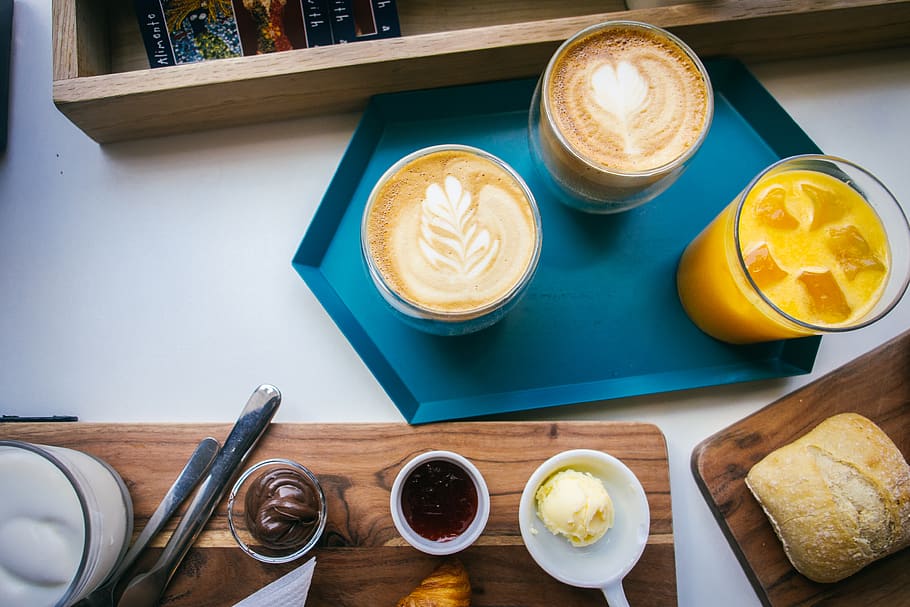 drinking glasses with latte art, food and drink, table, still life HD wallpaper