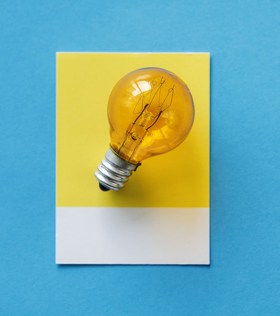 Photo of Yellow Light Bulb, blue, card, close-up, colorful, concept