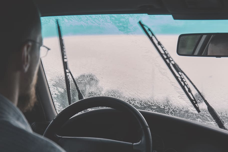 car, windshield, driving, raining, windshield wipers, guy, man