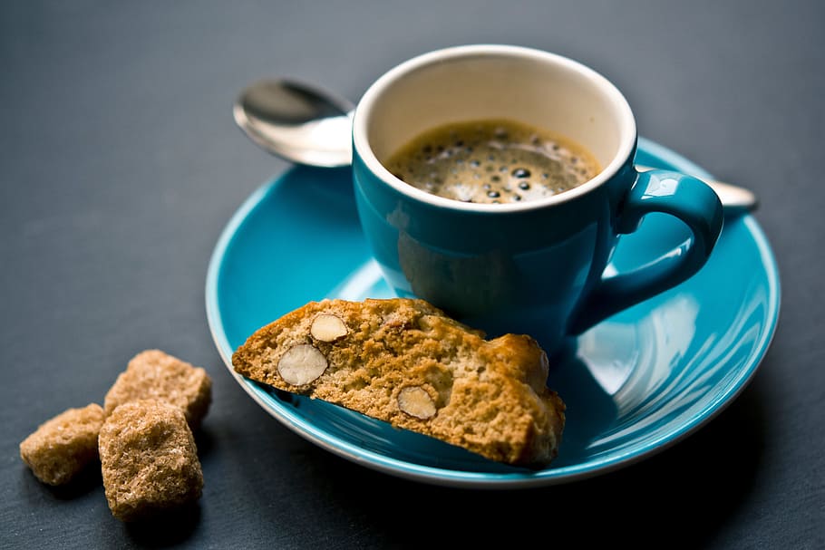 Coffee and biscotti, blue, cookie, cup, espresso, spoon, sugar, HD wallpaper