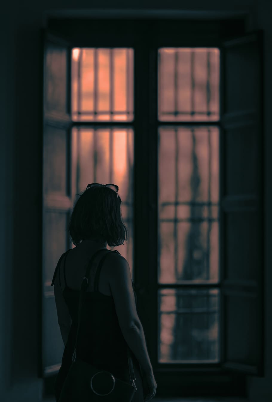 HD wallpaper: silhouette of person standing against windowpane