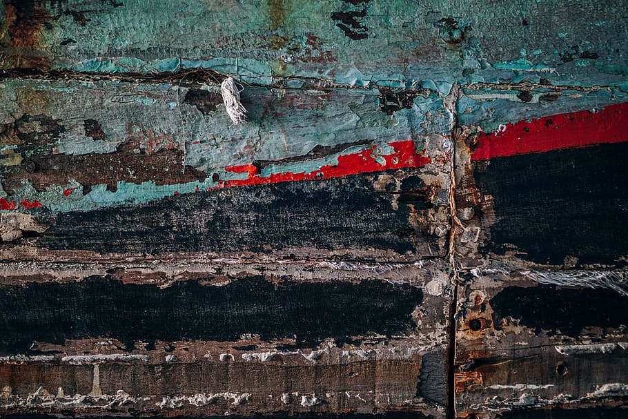 green and red painting, wood, peeling, dark, old, cracked, texture
