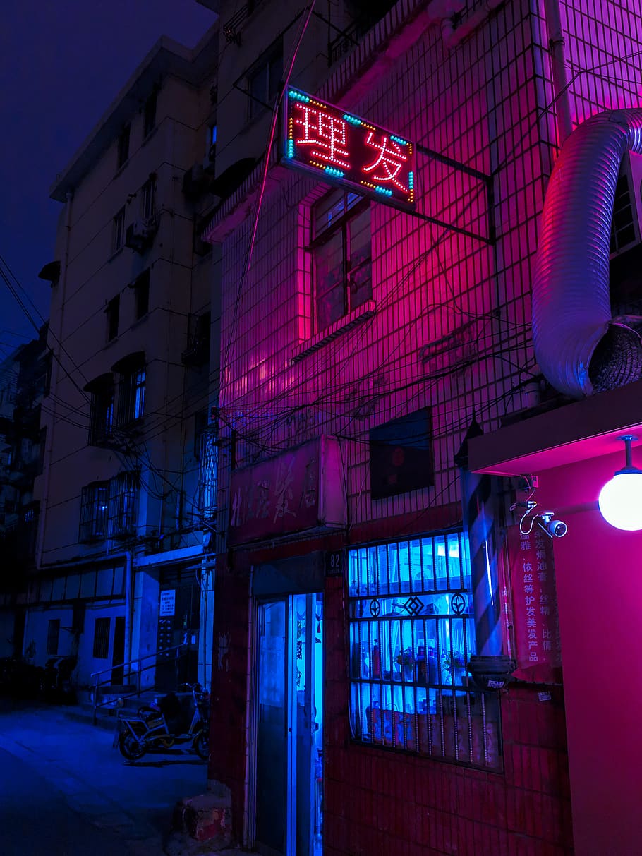neon, light, china, shanghai, door, machine, wheel, bicycle