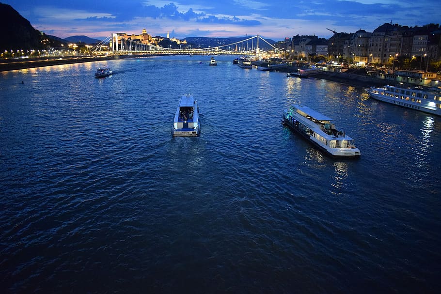 water, danube, river, ships, travel, bridge, city, in the evening HD wallpaper