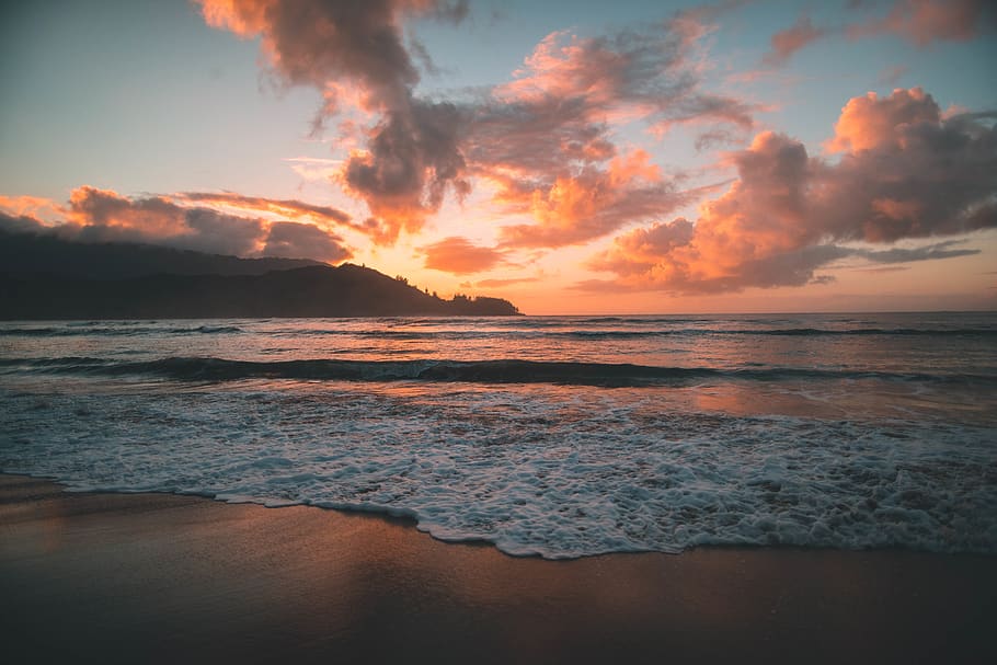blue beach, sea, water, sky, sunset, land, cloud - sky, beauty in nature HD wallpaper