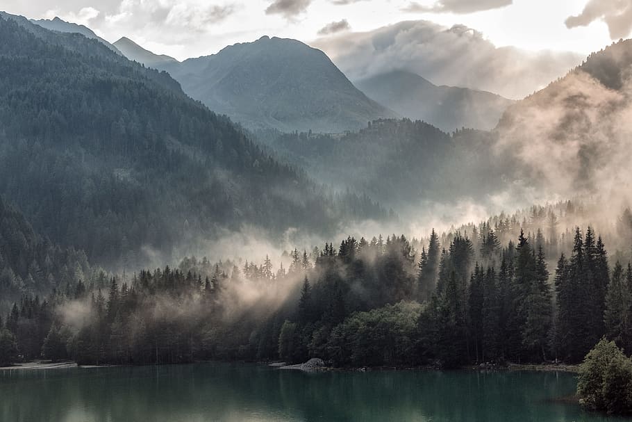 lake, lakeside, antholz, sun rays, fog, water, cottage, trees HD wallpaper