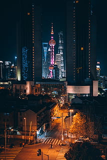 Oriental Pearl, Shanghai, city, night, building, light, glow HD wallpaper