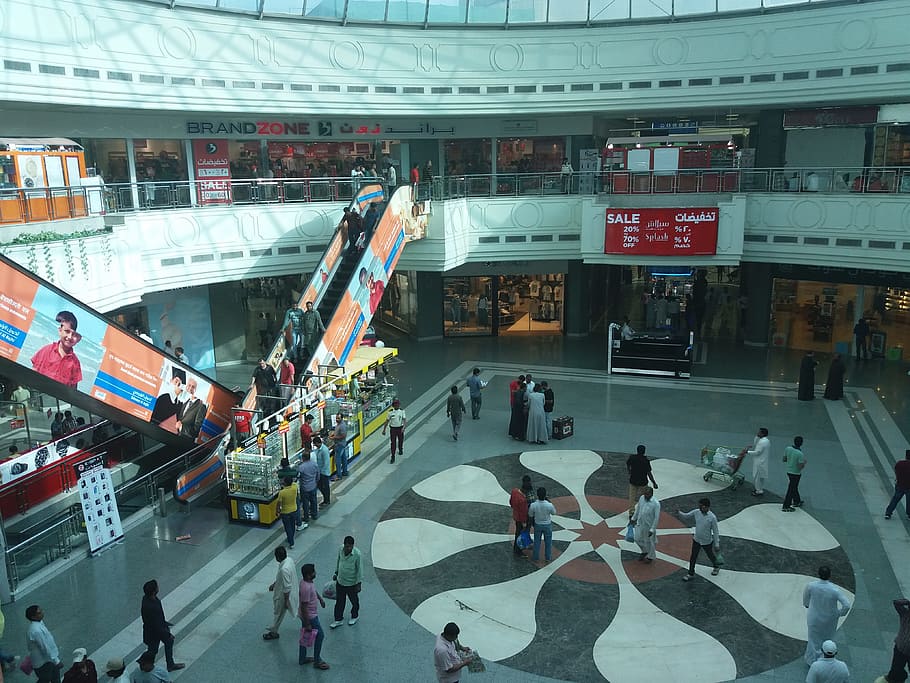 mall, stores, saudi, arabia, escalators, people, shopping, group of people HD wallpaper