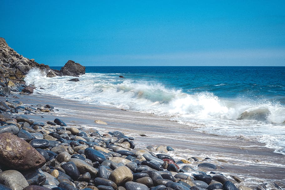 beach, blue, rocks, old, grain, water, waves, california, sky, HD wallpaper