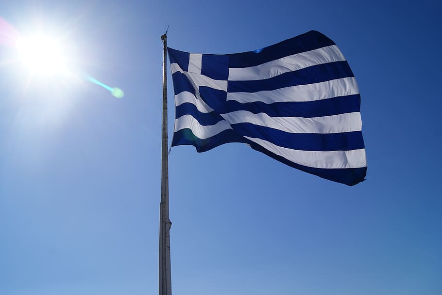Flag of Greece, country, blue, sky, patriotism, low angle view HD wallpaper