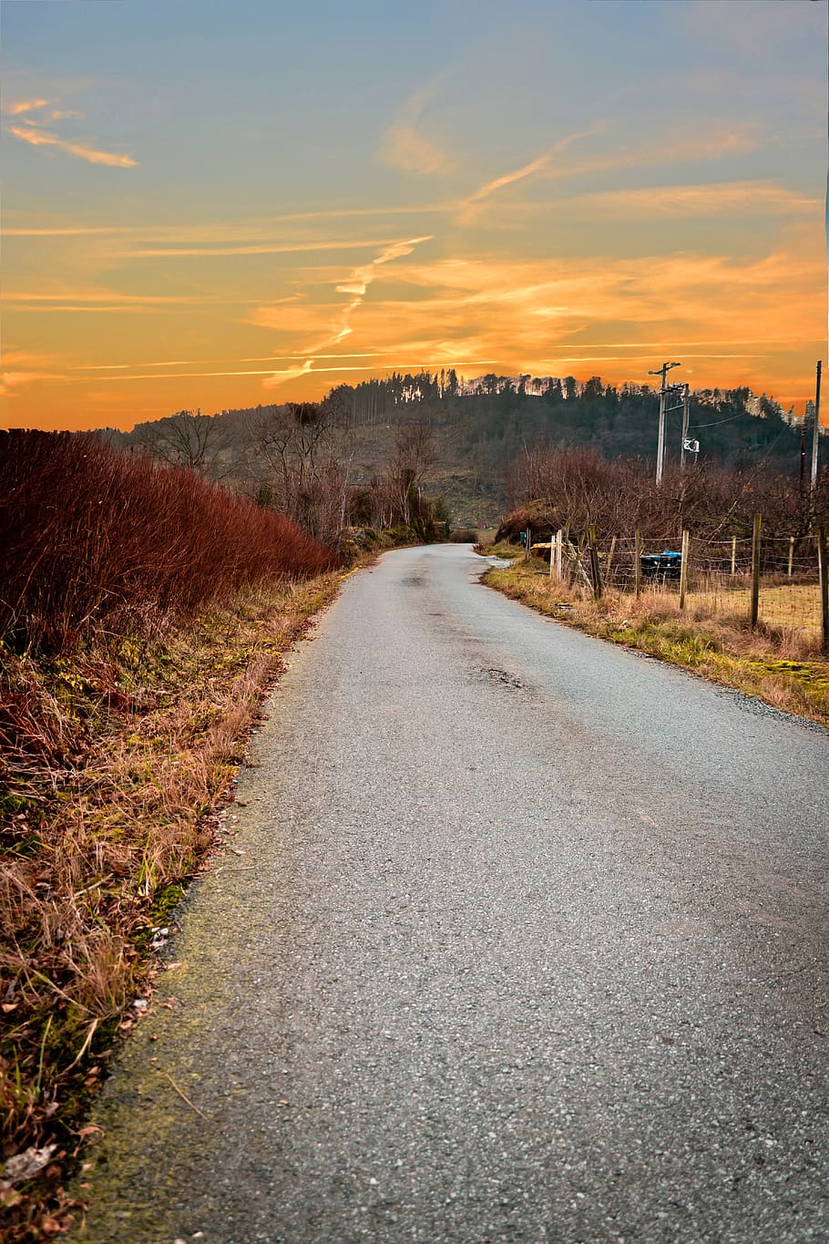 fall, atumn, sunset, road, grey, winter, landscape, nature HD wallpaper