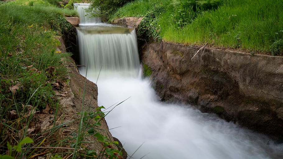 water, waterfall, channel, urgell, les borges, plant, flowing water HD wallpaper