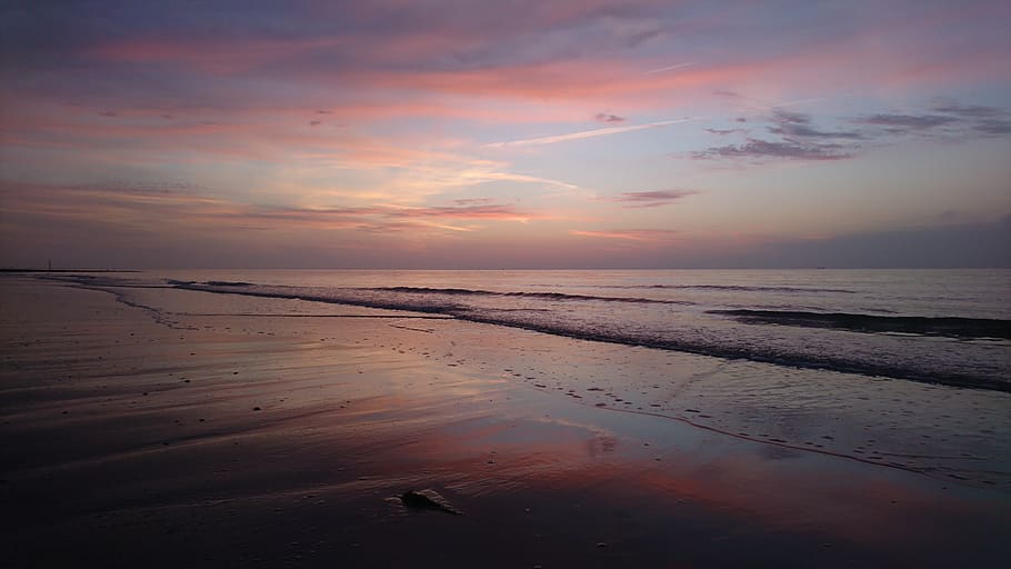 sunset, waters, dusk, dawn, sea, north sea, evening, beach, HD wallpaper