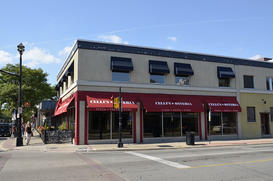 canada, burlington, corner, pizza, restaurant, street, building exterior