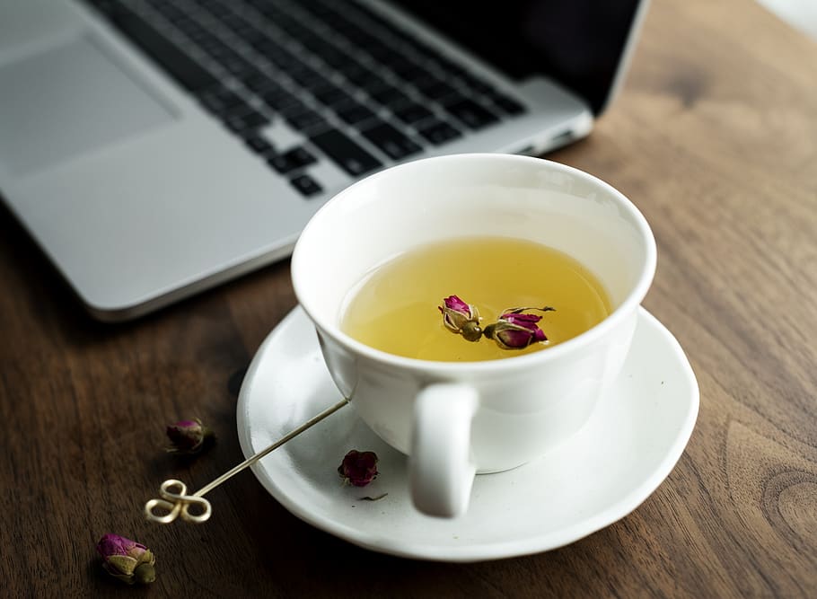 White Ceramic Teacup on Saucer Beside Laptop Computer, beverage HD wallpaper