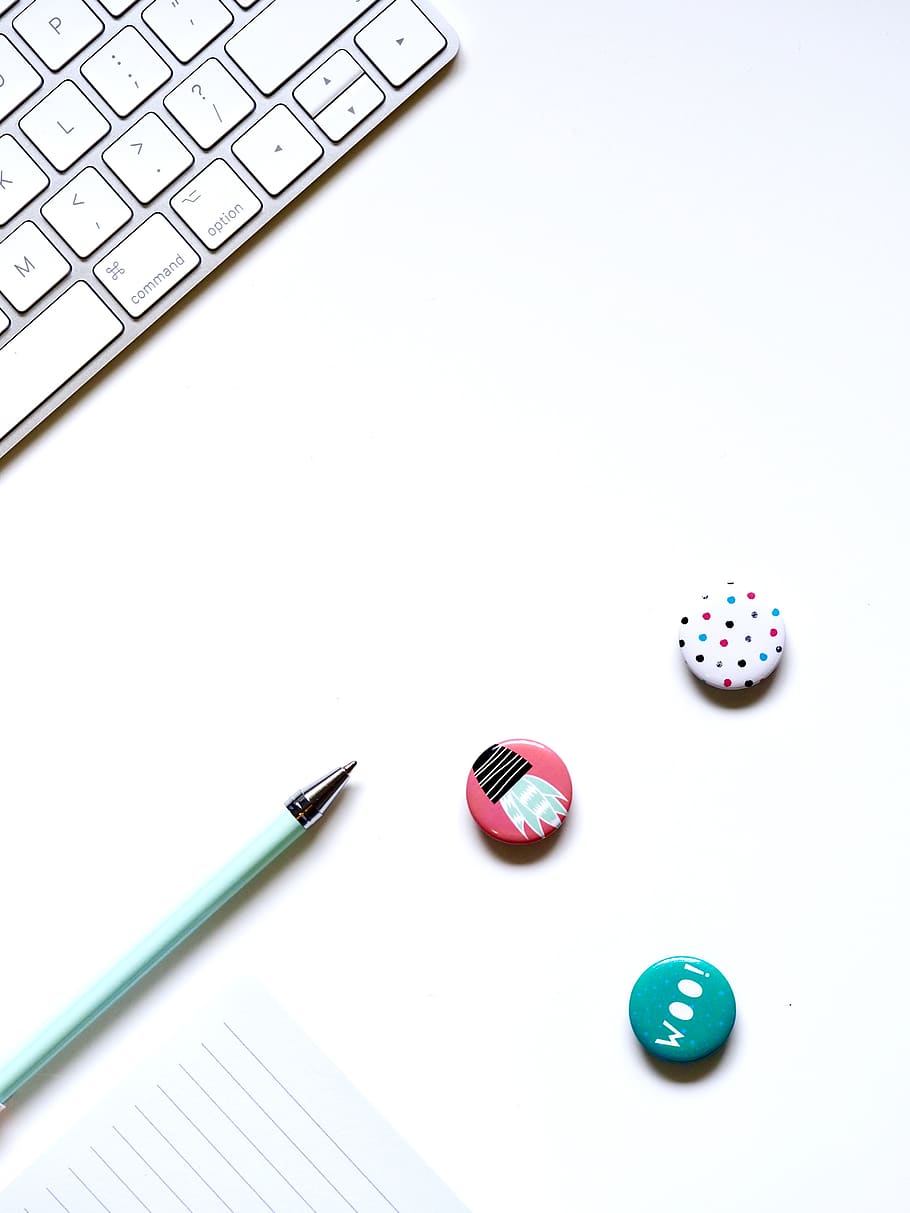 Green, Pink, and White Clothes Pins, buttons, flatlay, keyboard HD wallpaper