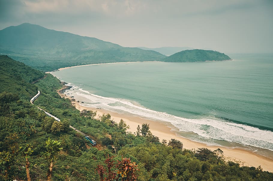 train, sea, mountain, beach, holiday, trip, teal, orange, beauty in nature HD wallpaper
