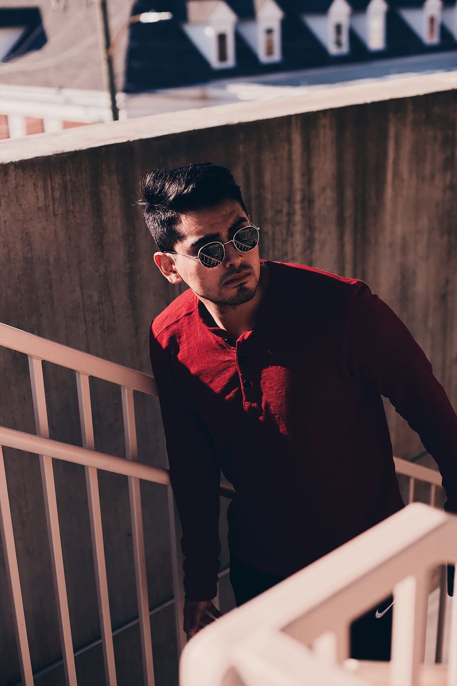 man in red beside stairs, handrail, banister, sunglasses, accessories, HD wallpaper