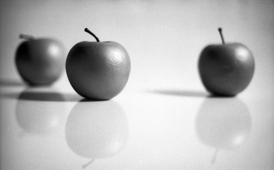 black and white, minimalism, minimalist, apples, still life