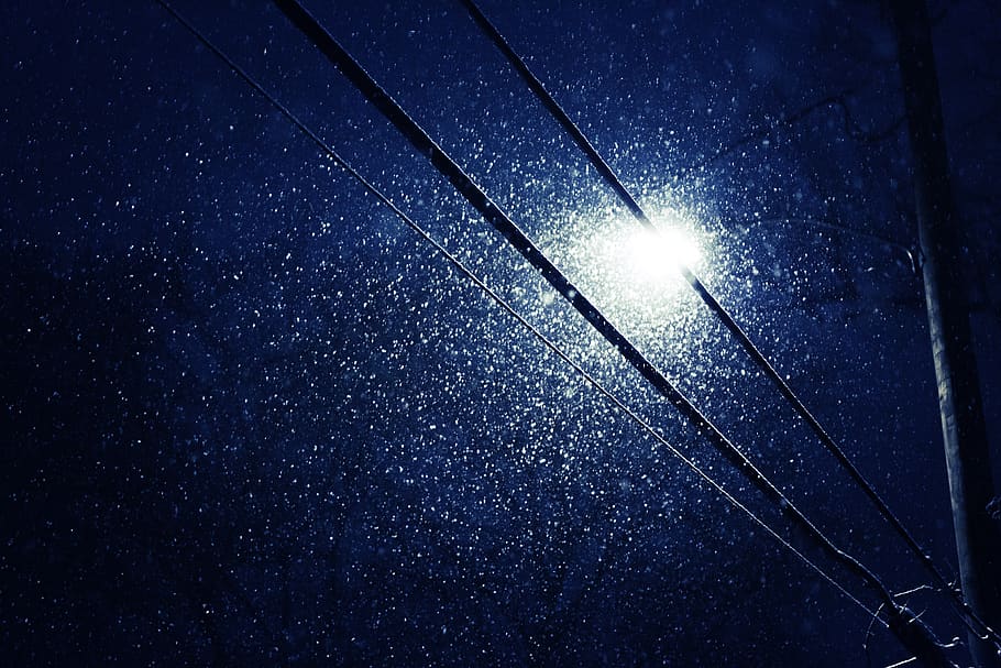 snow, falling, street, light, telephone, pole, night, time HD wallpaper