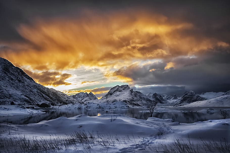 Snow Capped Mountain, beautiful, clouds, cloudy, cold, dawn, dramatic sky, HD wallpaper