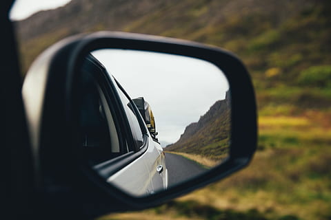 Rear view mirror of a car on a highway, adventure, drive, land HD wallpaper