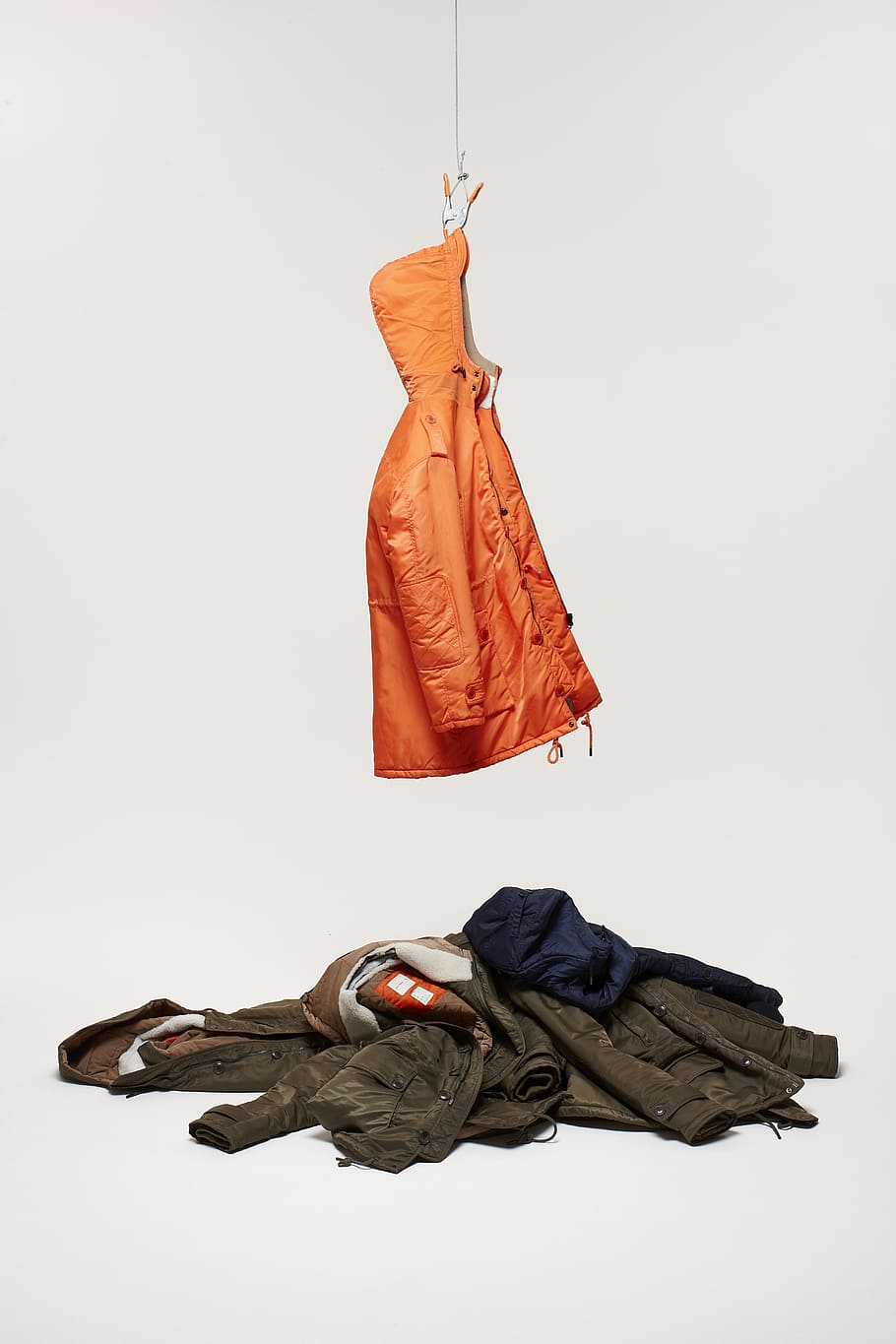 orange textile, rescue, jacket, hanging, studio shot, indoors HD wallpaper