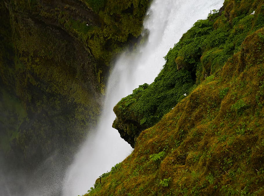 iceland, water, smooth, grass, green, waterfall, mountain, adventure HD wallpaper