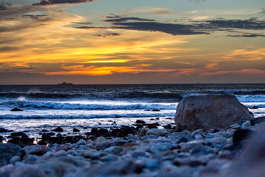 Gray Rock Formation, beach, dawn, ocean, rocks, sea, seascape HD wallpaper