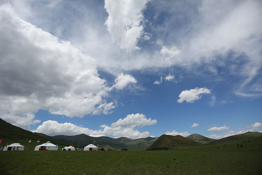 sky, yurt, mongolian, cloud, grassland, cloud - sky, livestock, HD wallpaper