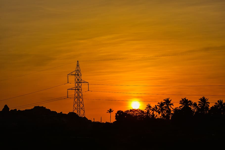 dawn, sky, silhouette, cable, sunrise, power lines, nature, HD wallpaper