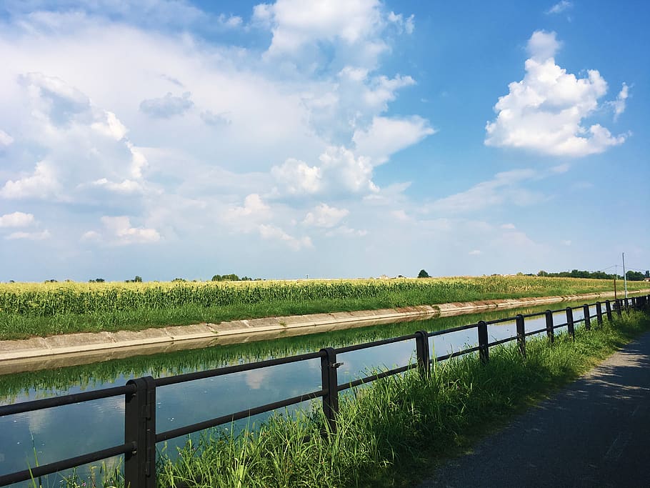 sky, naviglio, green, river, cloud - sky, plant, landscape HD wallpaper
