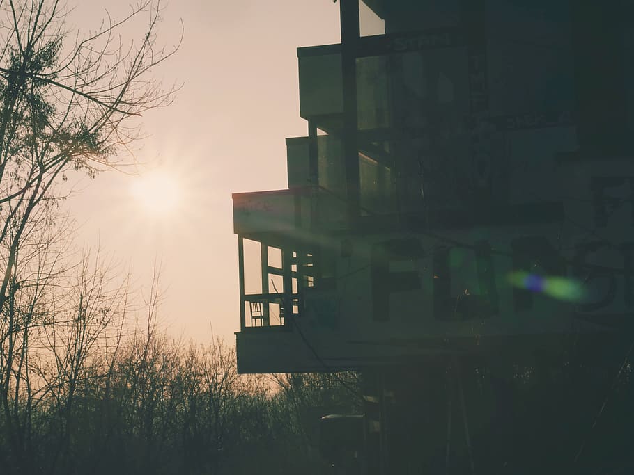 berlin, germany, teufelsberg, building, sun, urbex, sky, built structure HD wallpaper