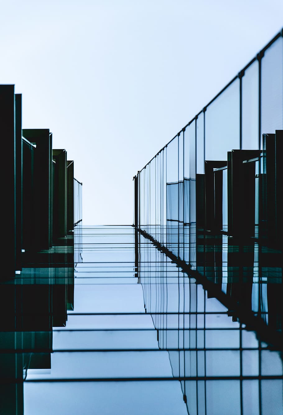 clear glass bridge, building, reflection, architecture, modern design HD wallpaper