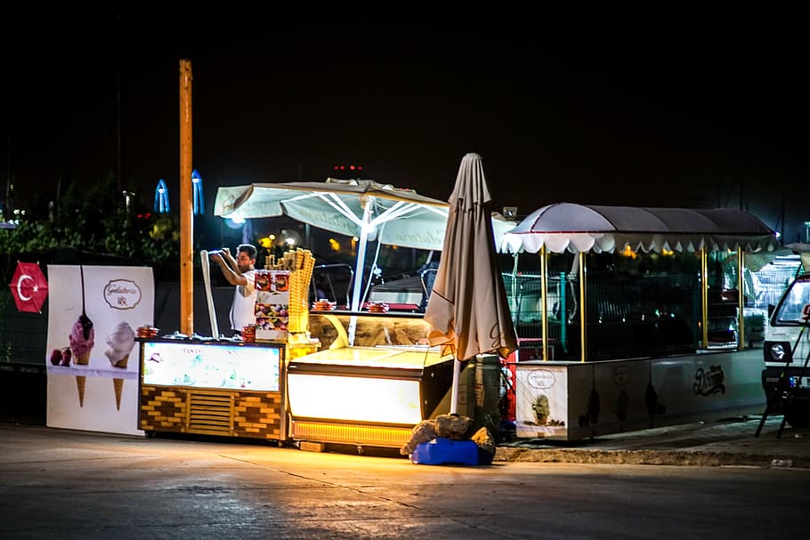 ice, cream, night, view, man, illuminated, transportation, mode of transportation HD wallpaper