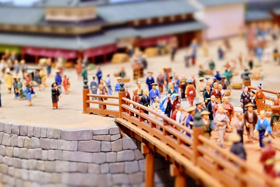 figure, miniature, town, bridge, busy street, history, japan HD wallpaper