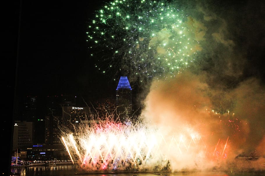 fireworks, light, city, bright, singapore, celebration, event HD wallpaper