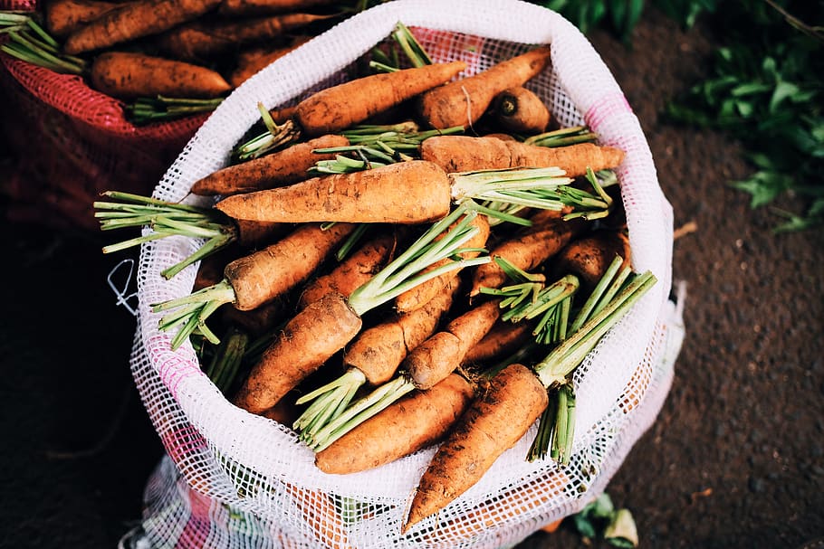 ripe carrots inside white net sack, food and drink, vegetable HD wallpaper