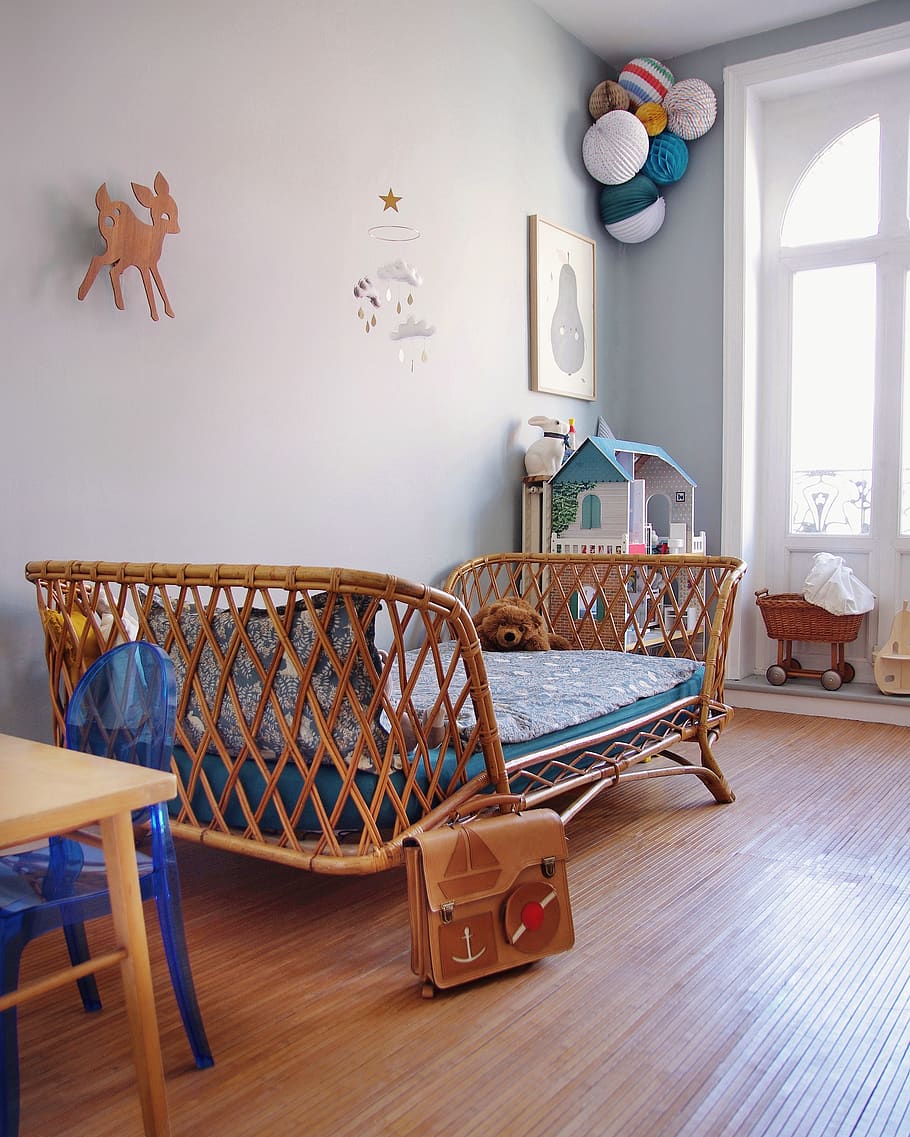 brown wooden bed frame, indoors, furniture, hardwood floor, domestic room HD wallpaper
