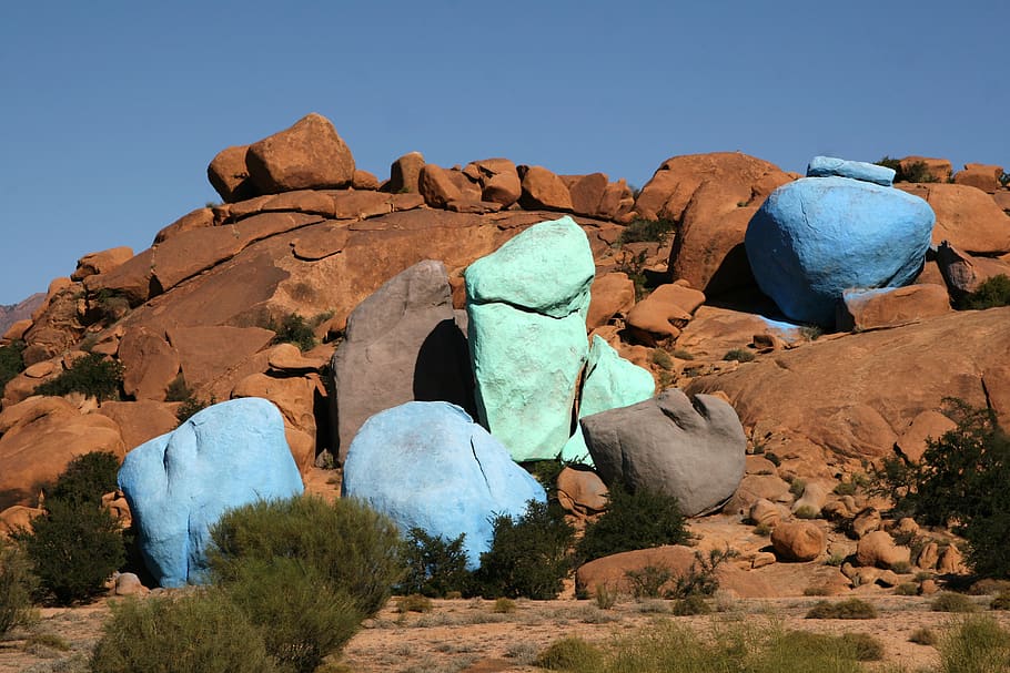 morocco, tafraoute, blue, green, rocks, art, desert, color HD wallpaper