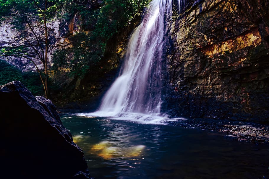 Photo of Waterfalls Near Beside Trees at Daytime, cliff, environment HD wallpaper