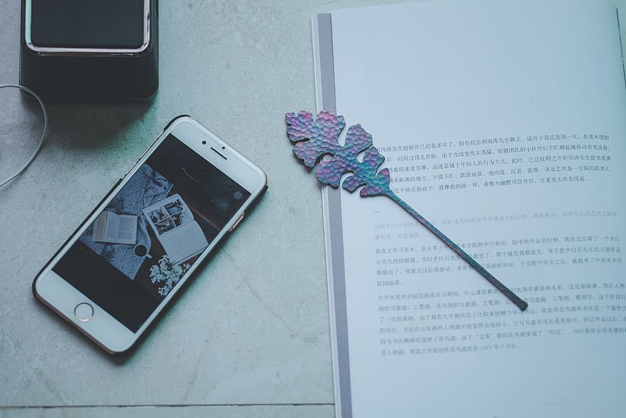 silver iPhone 6 beside leaf bookmark, china, guangzhou, decoration, HD wallpaper