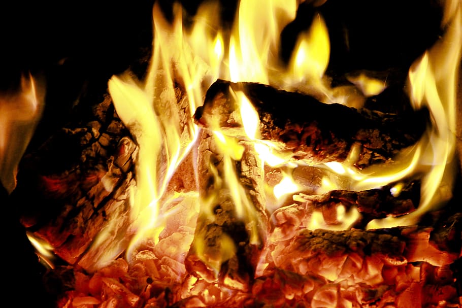 fire, coals, burn, flame, hot, firewood, glow, yellow, fireplace HD wallpaper